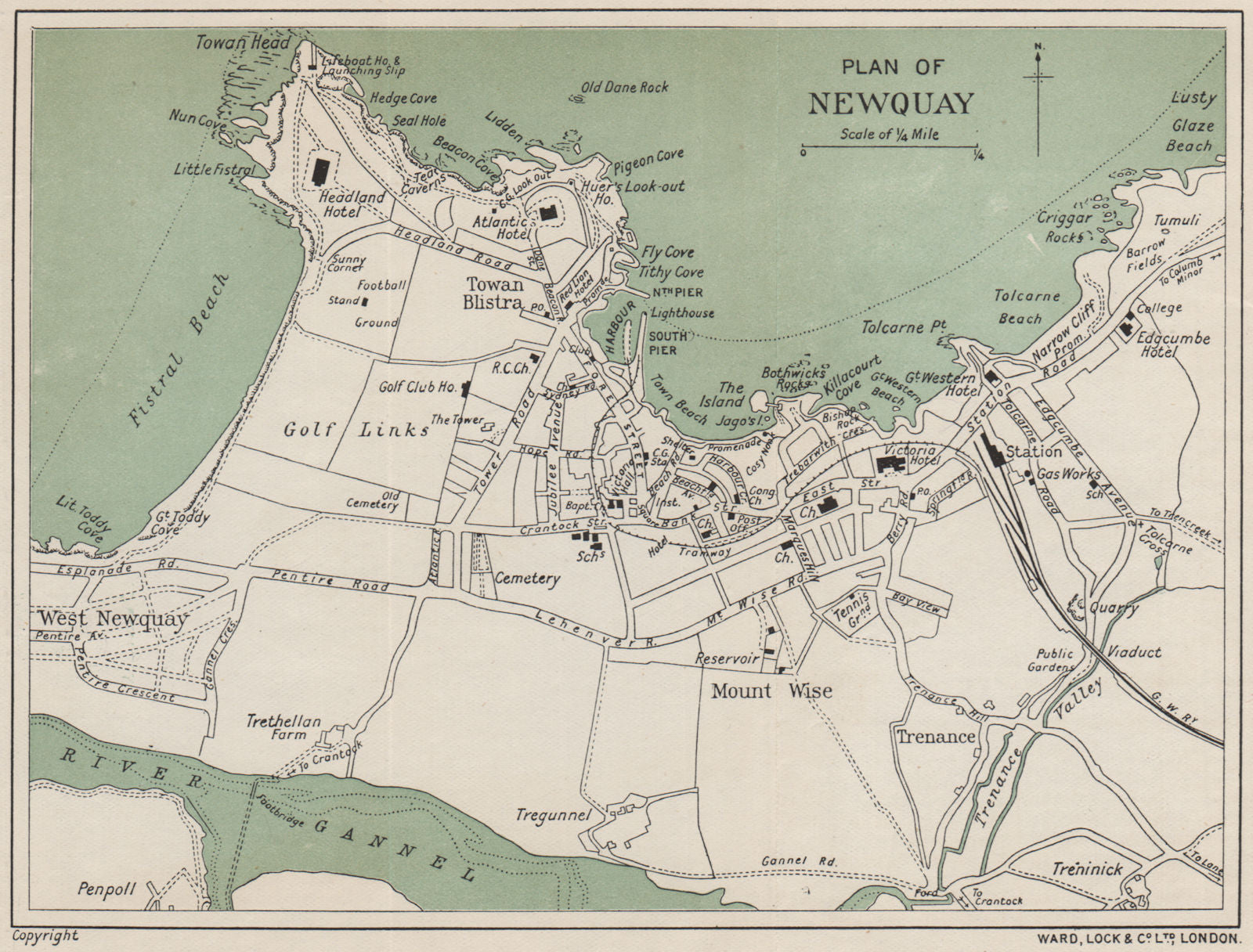 NEWQUAY vintage town/city plan. Cornwall. WARD LOCK 1914 old antique map chart